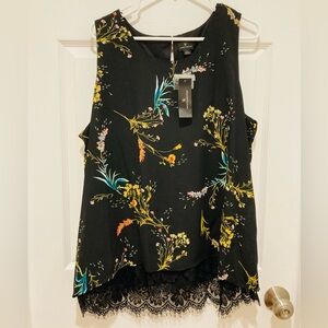 NWT Worthington size XXL Black Floral Sleeveless Top with Lace Hem